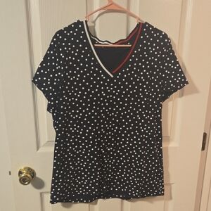Tommy Hilfiger Navy and White Polka Dot V-Neck Tee